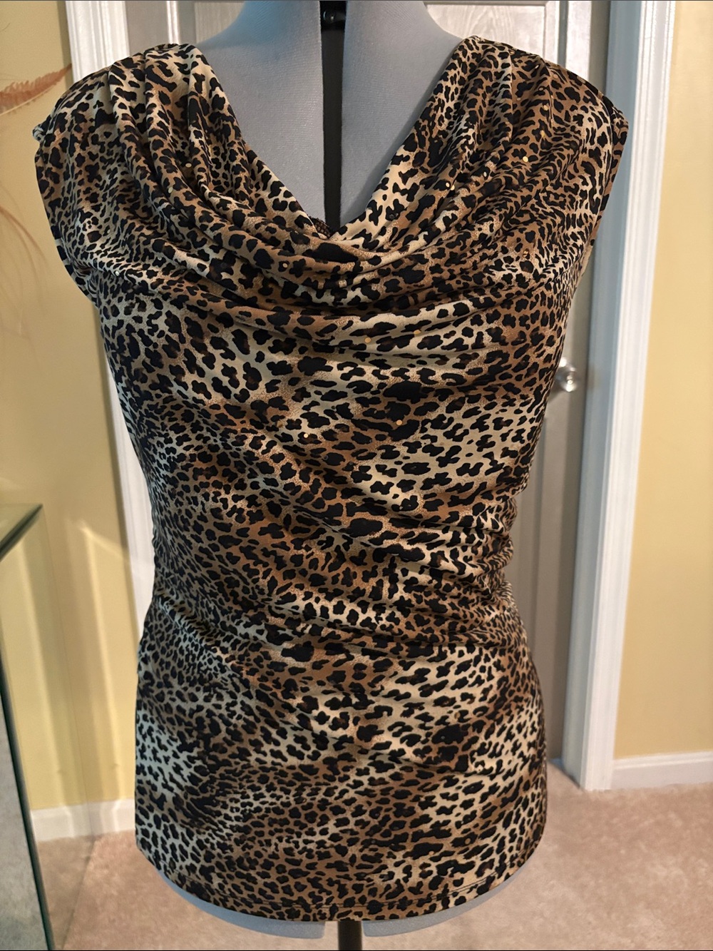 Leopard “Sparkly” Cowl Neck Sleeveless Top